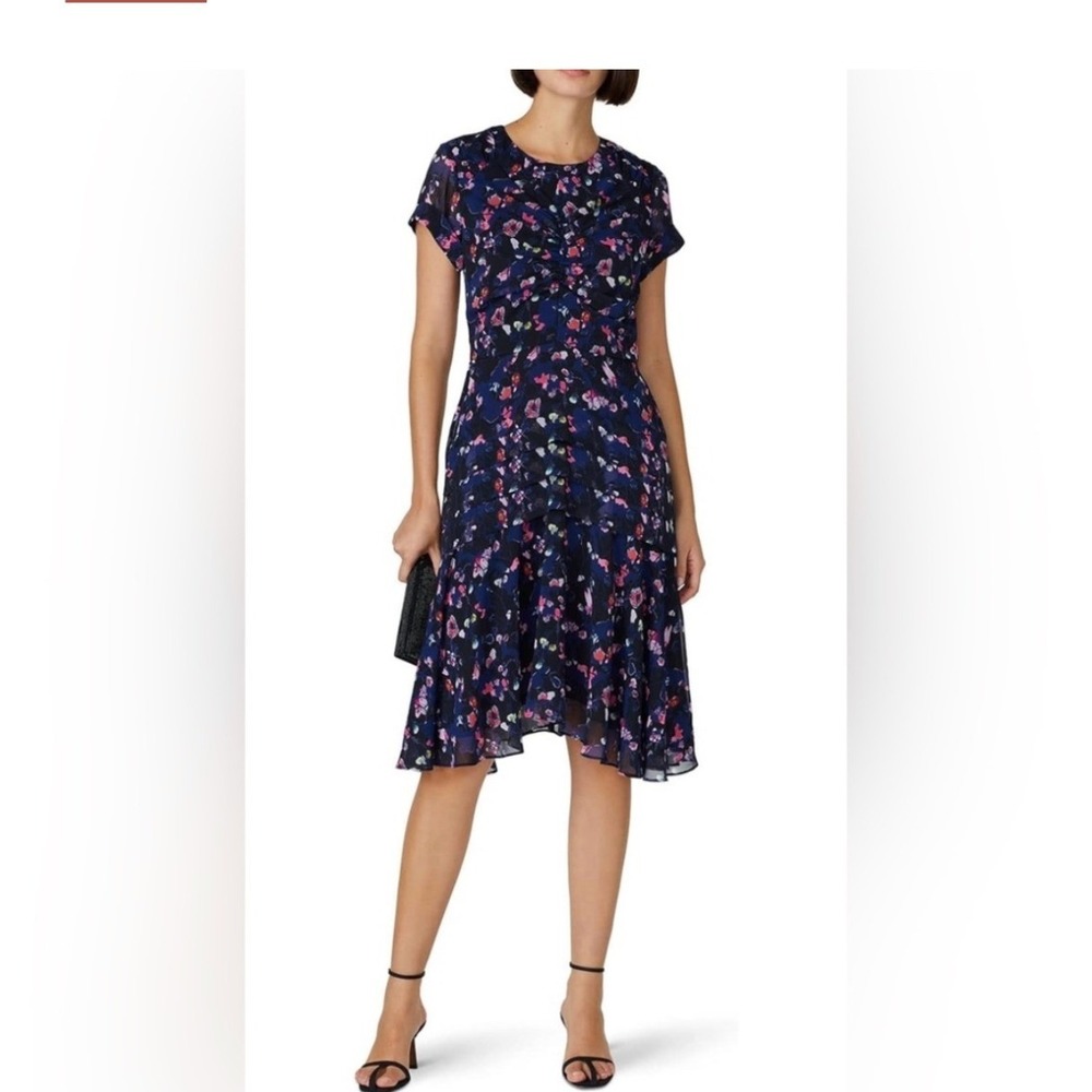 Jason Wu Collective Navy Blue Floral Ruched Tiered Midi Dress Size 4